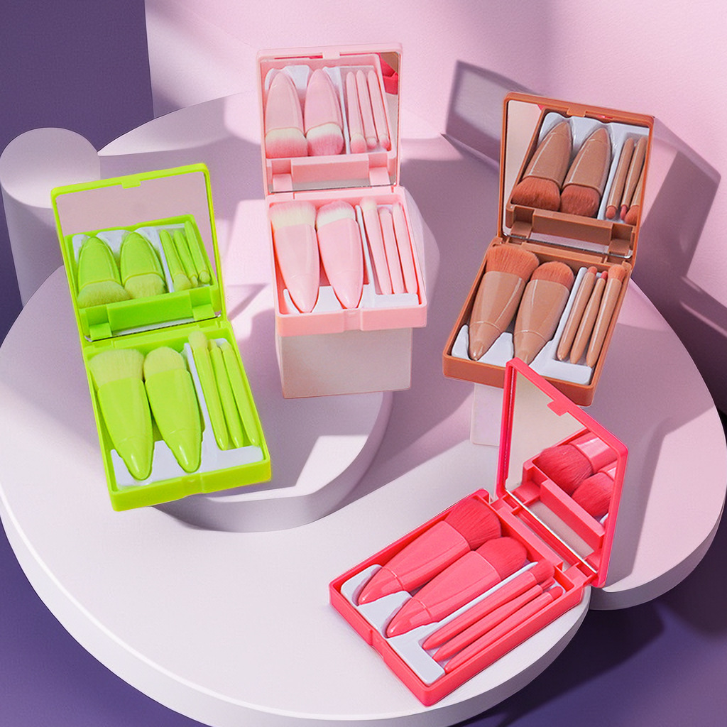 Set de Brochas de Maquillaje de Viaje 5 Piezas con Estuche y Espejo Portátil